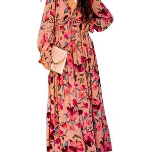 BLENCOT Womens Floral V Neck Long Sleeve Long Evening Dress